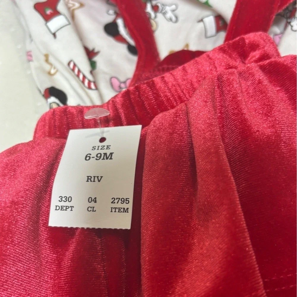 Disney‎ Baby Minnie Mouse Christmas Bodysuit and Red Velvet Skirt Set 6-9M NEW